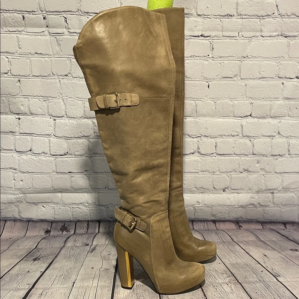 Guess Tan Leather Over the Knee Boots | Size 6